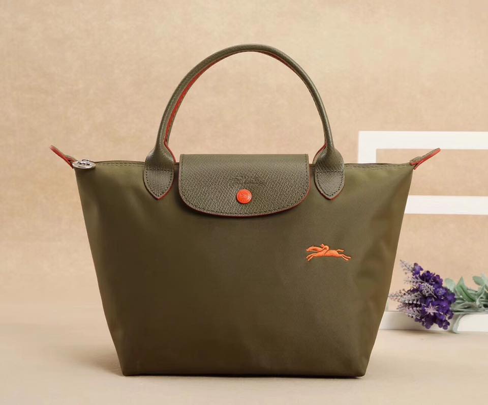 Longchamp S - Verde Oliva com Detalhes Laranja