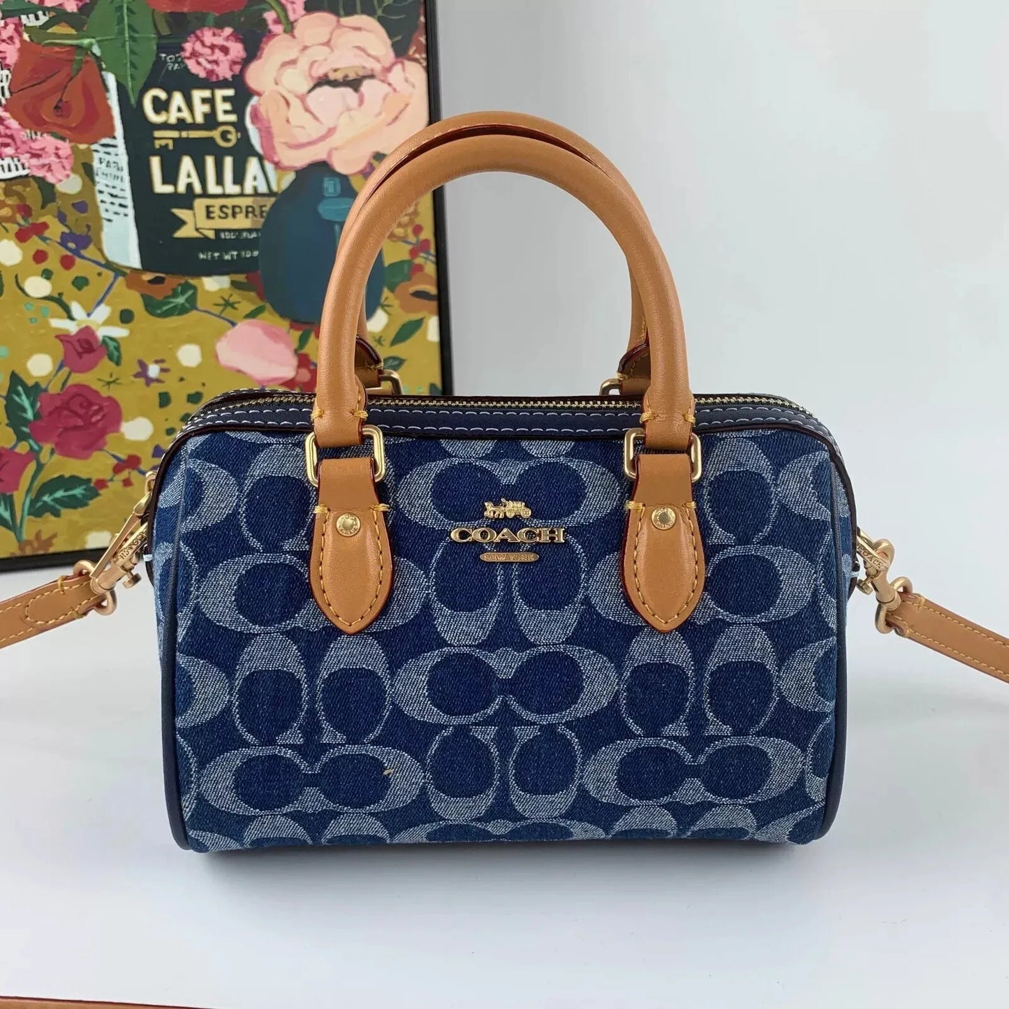 Coach Mini Rowan Satchel - Azul jeans com camel
