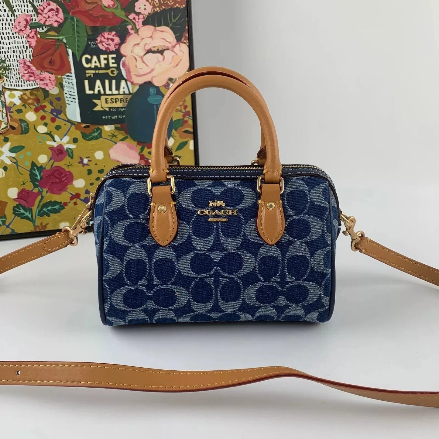 Coach Mini Rowan Satchel - Azul jeans com camel