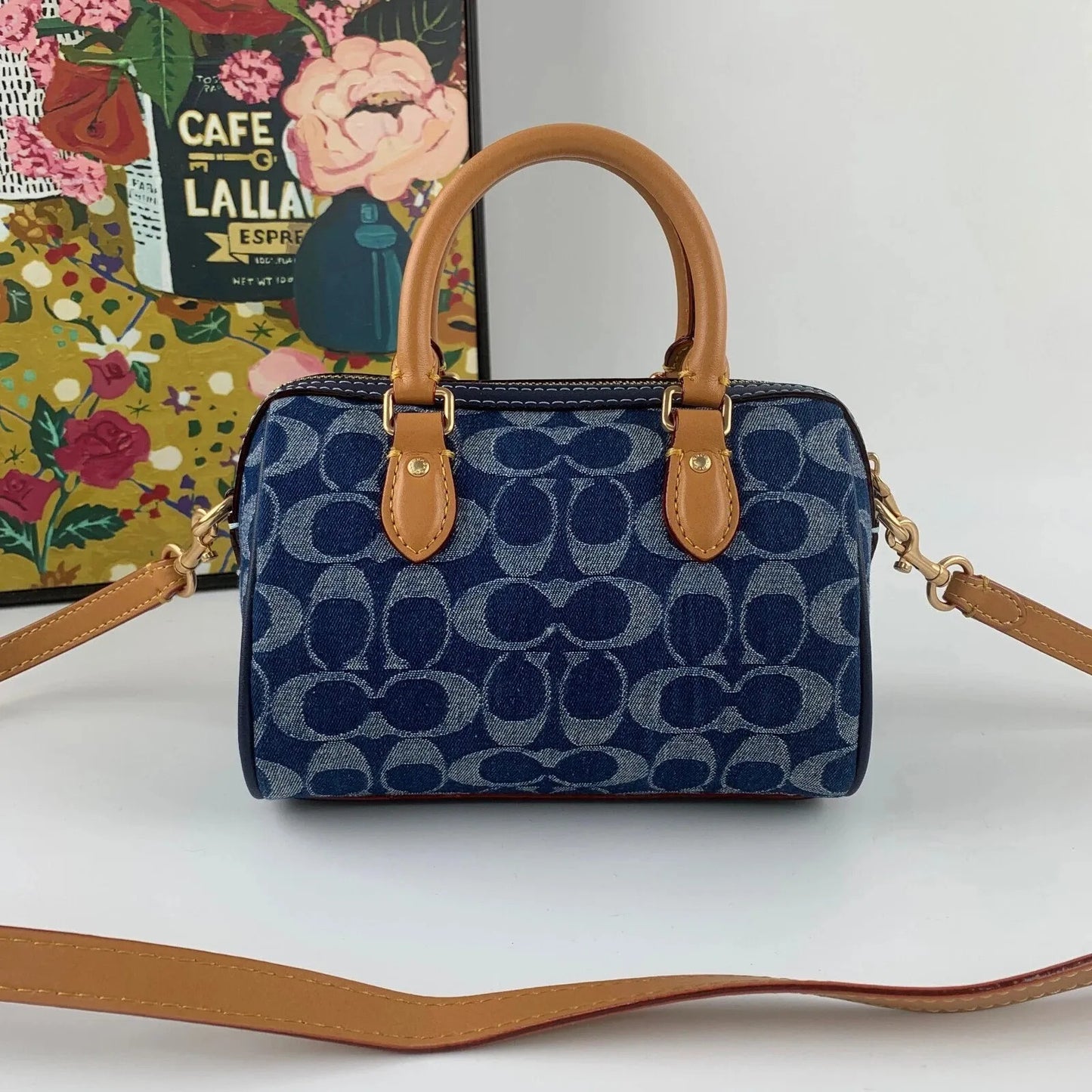 Coach Mini Rowan Satchel - Azul jeans com camel