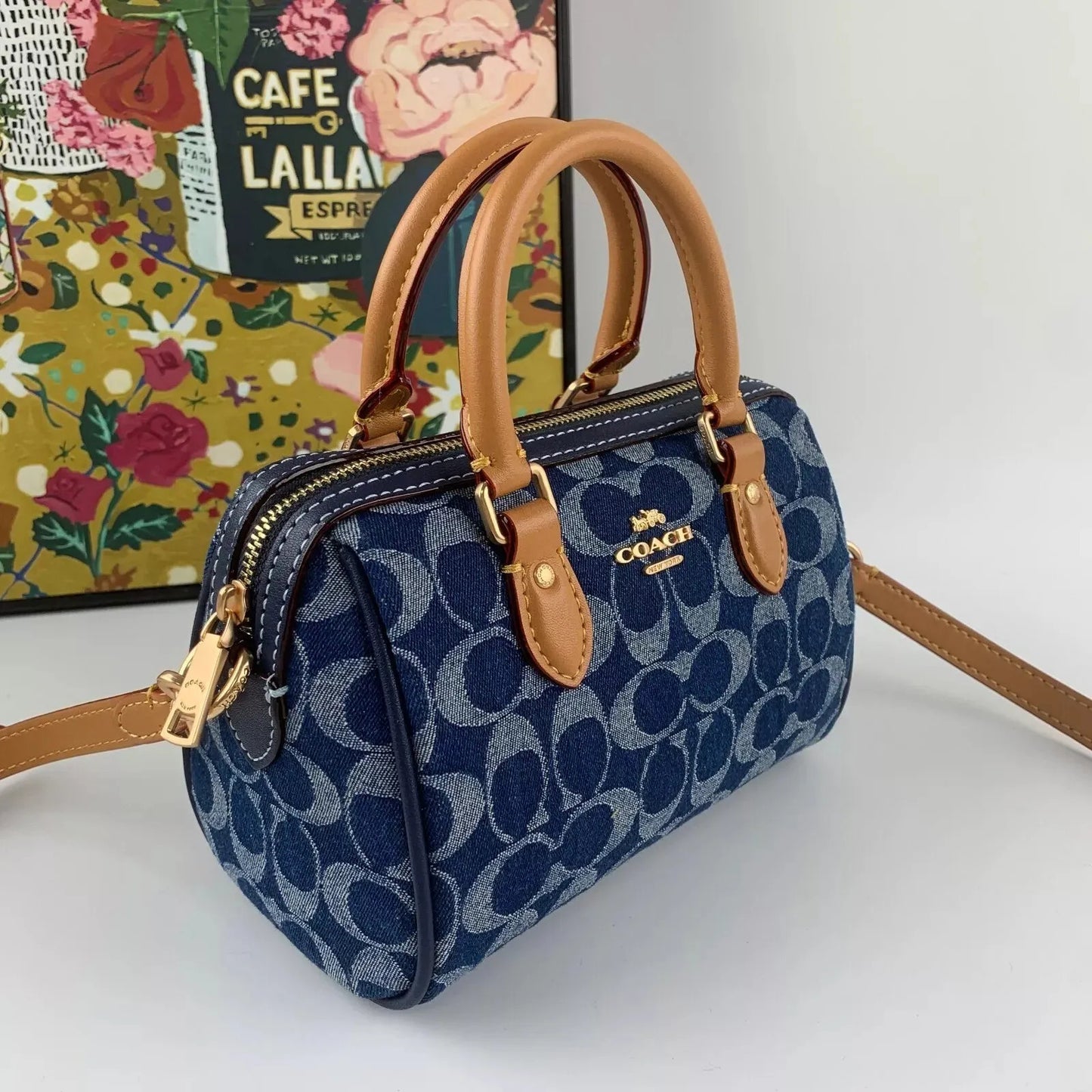 Coach Mini Rowan Satchel - Azul jeans com camel