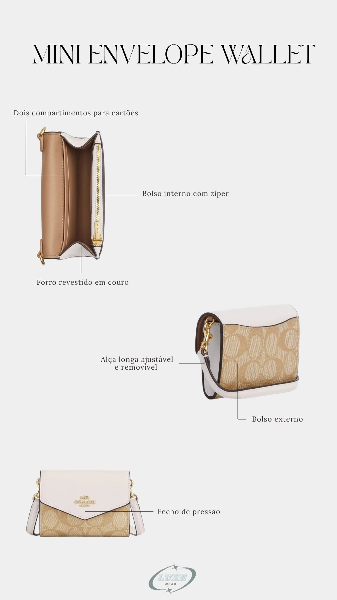 Carteira Coach Mini Envelope With Strap - Branco e bege