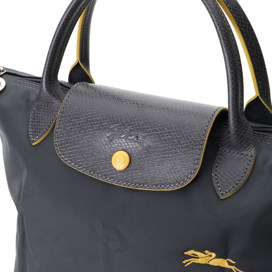 Longchamp S - Cinza escuro com acabamento em amarelo