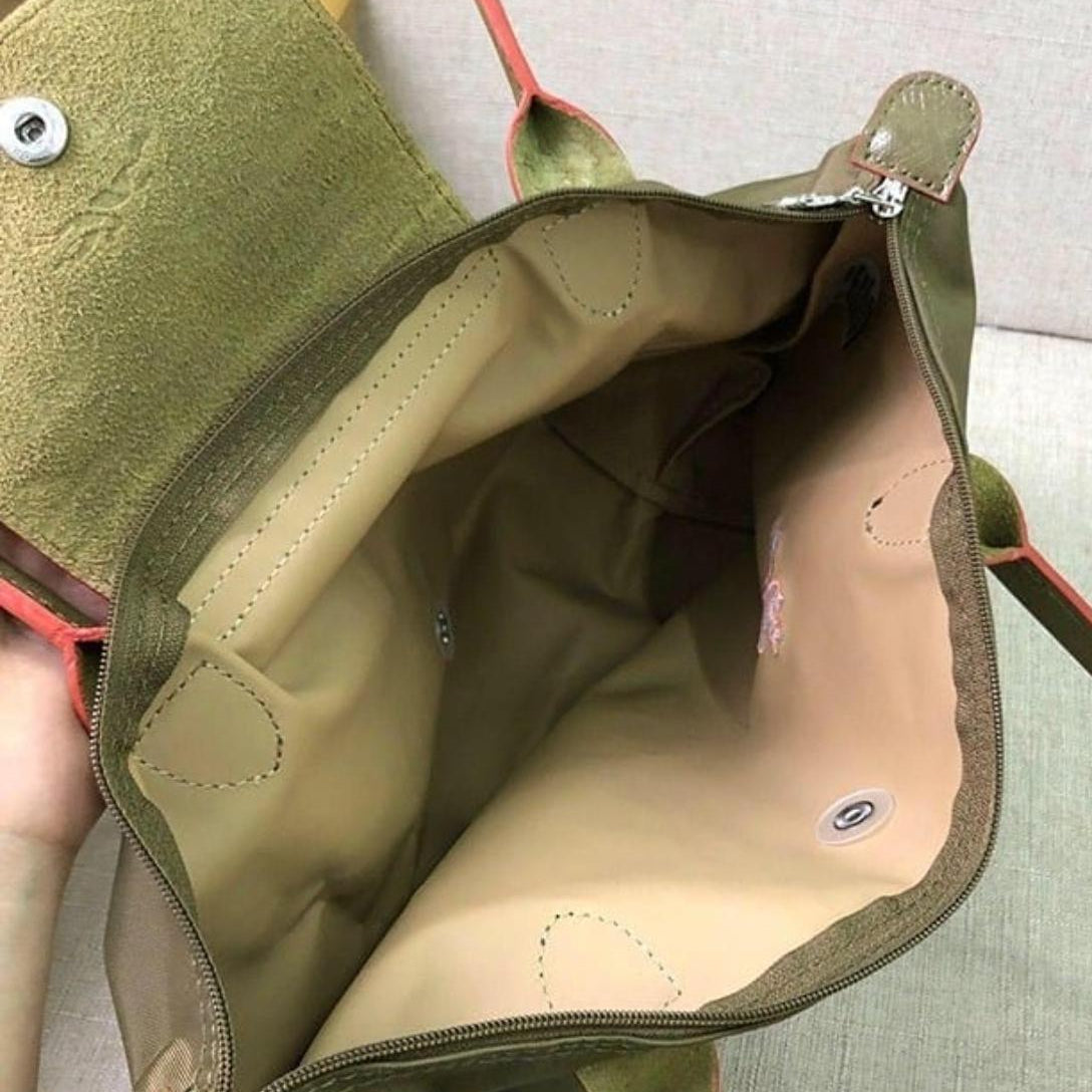 Longchamp S - Verde Oliva com Detalhes Laranja