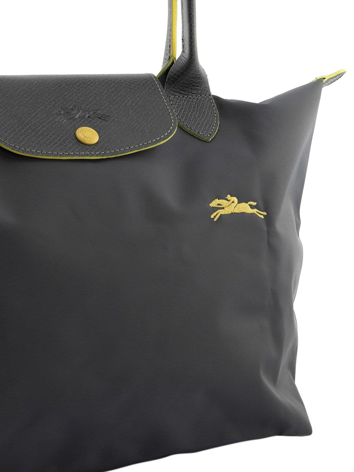 Longchamp M - Cinza escuro com acabamento em amarelo