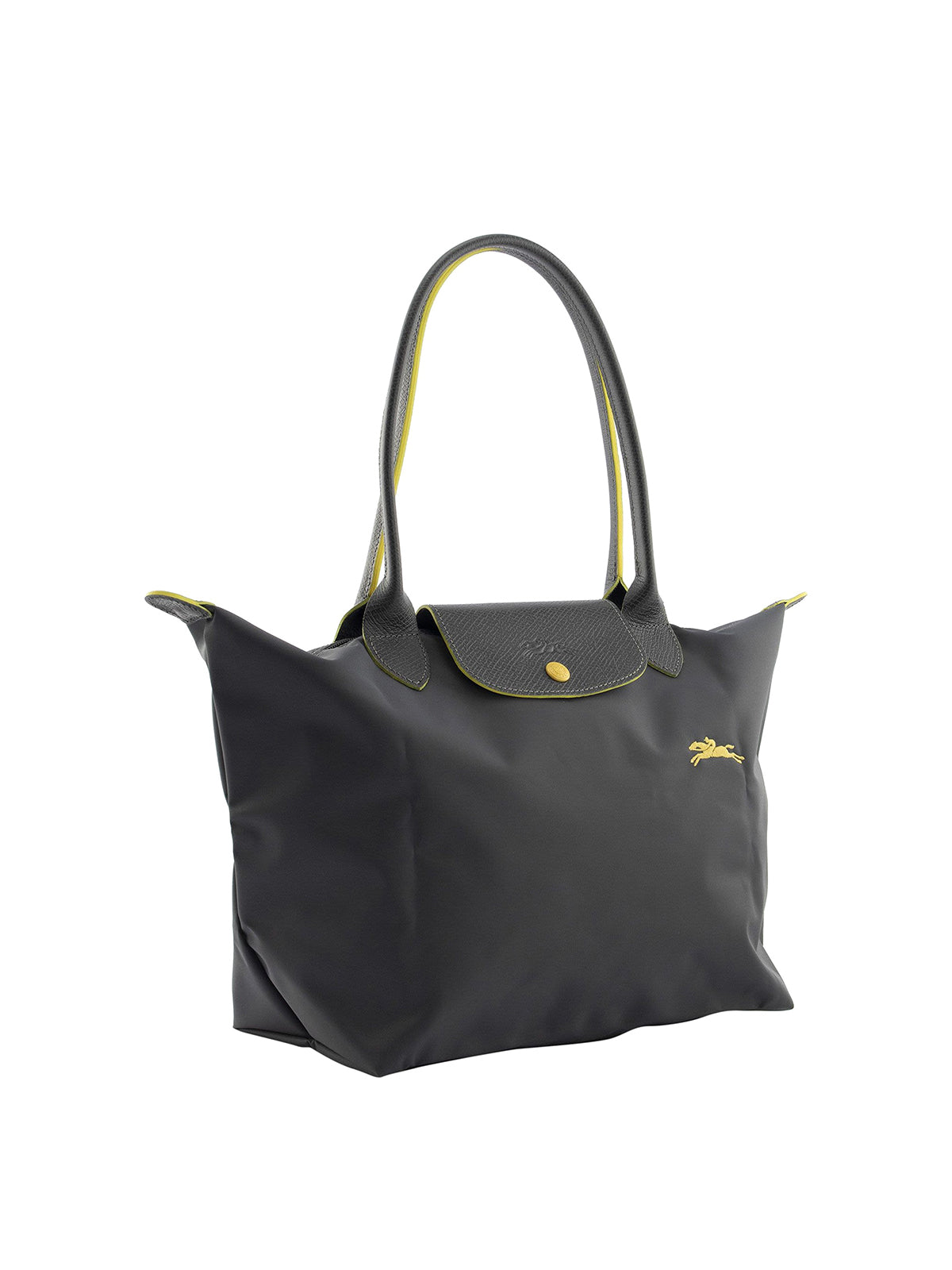 Longchamp M - Cinza escuro com acabamento em amarelo