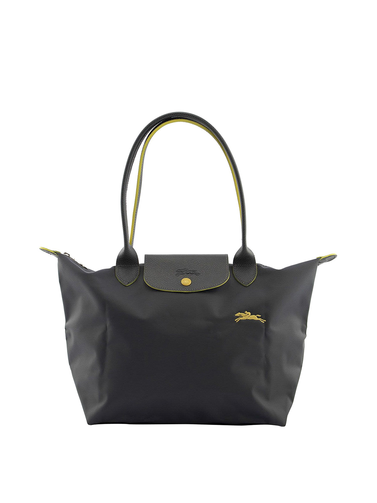Longchamp M - Cinza escuro com acabamento em amarelo